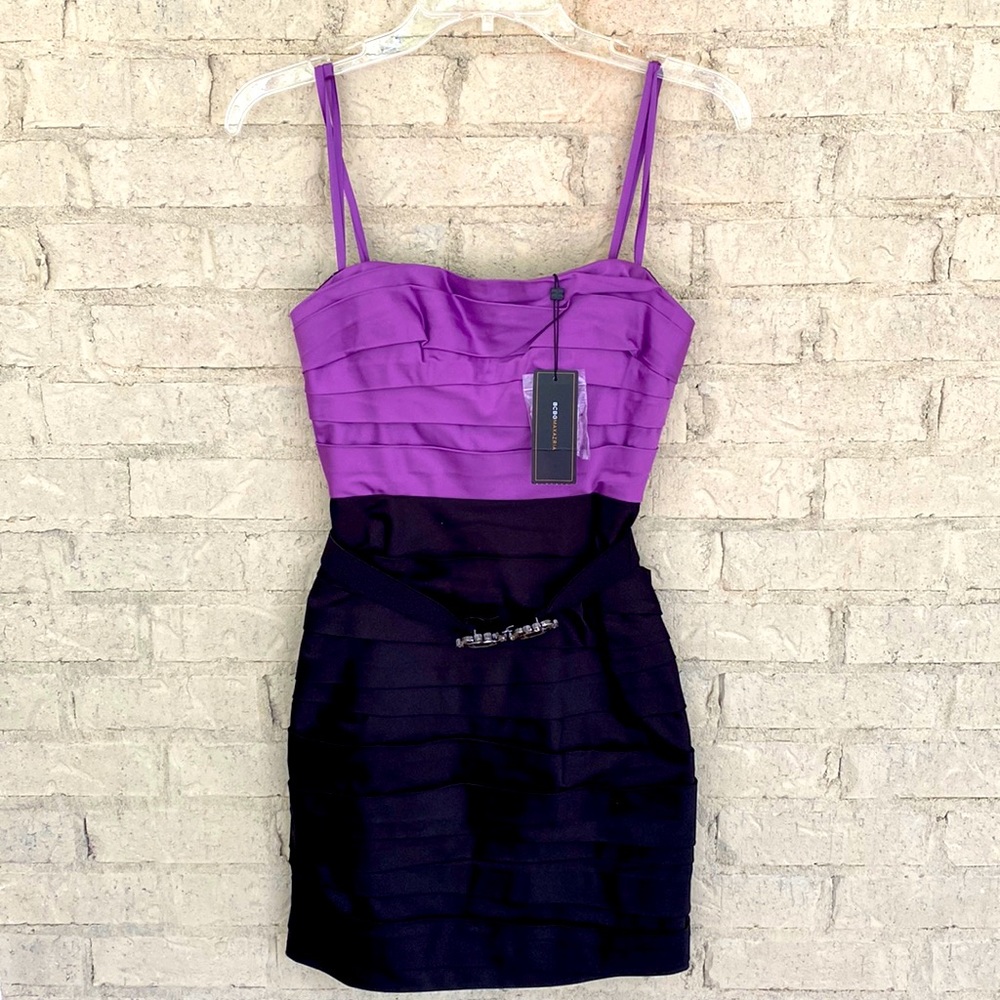 NWT Y2K BCBGMaxAzria strapless black and purple dress with sequin belt